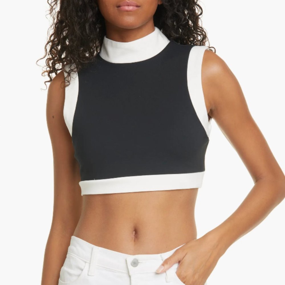 STAUD Yin Cropped Two-tone Stretch-knit Top In Black/white